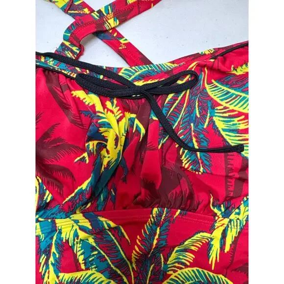 Torrid Red Palm Tropical Print Retro Wireless Ruched Bikini Top & Bottom Set 5X - Picture 5 of 13